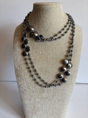 Gunmetal Silver 37" Opera Strand Necklace Layered Bead Statement Long Necklace